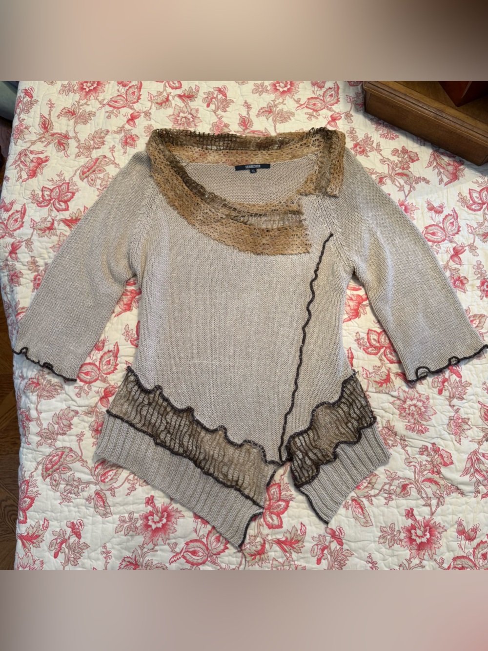 Adorable Earthtone CottageCore Light Beige Ruffle-Trim Knit Sweater - Women's